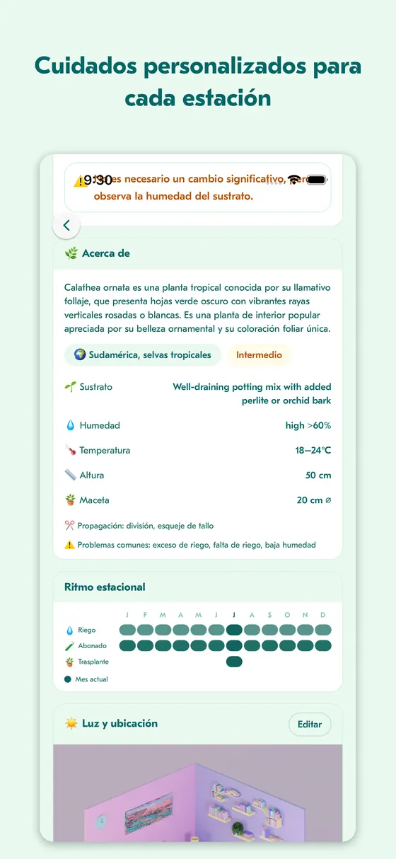 Pantalla de calendario de cuidado con ajustes estacionales del nivel de riego