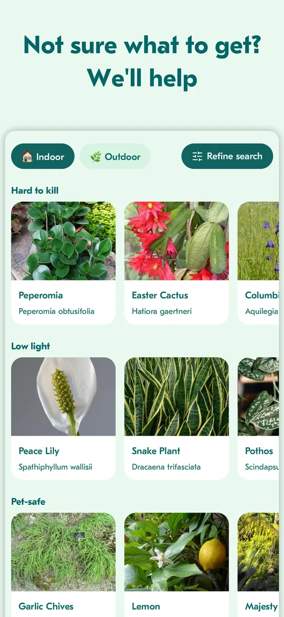 Plant Discovery browse screen with curated collections