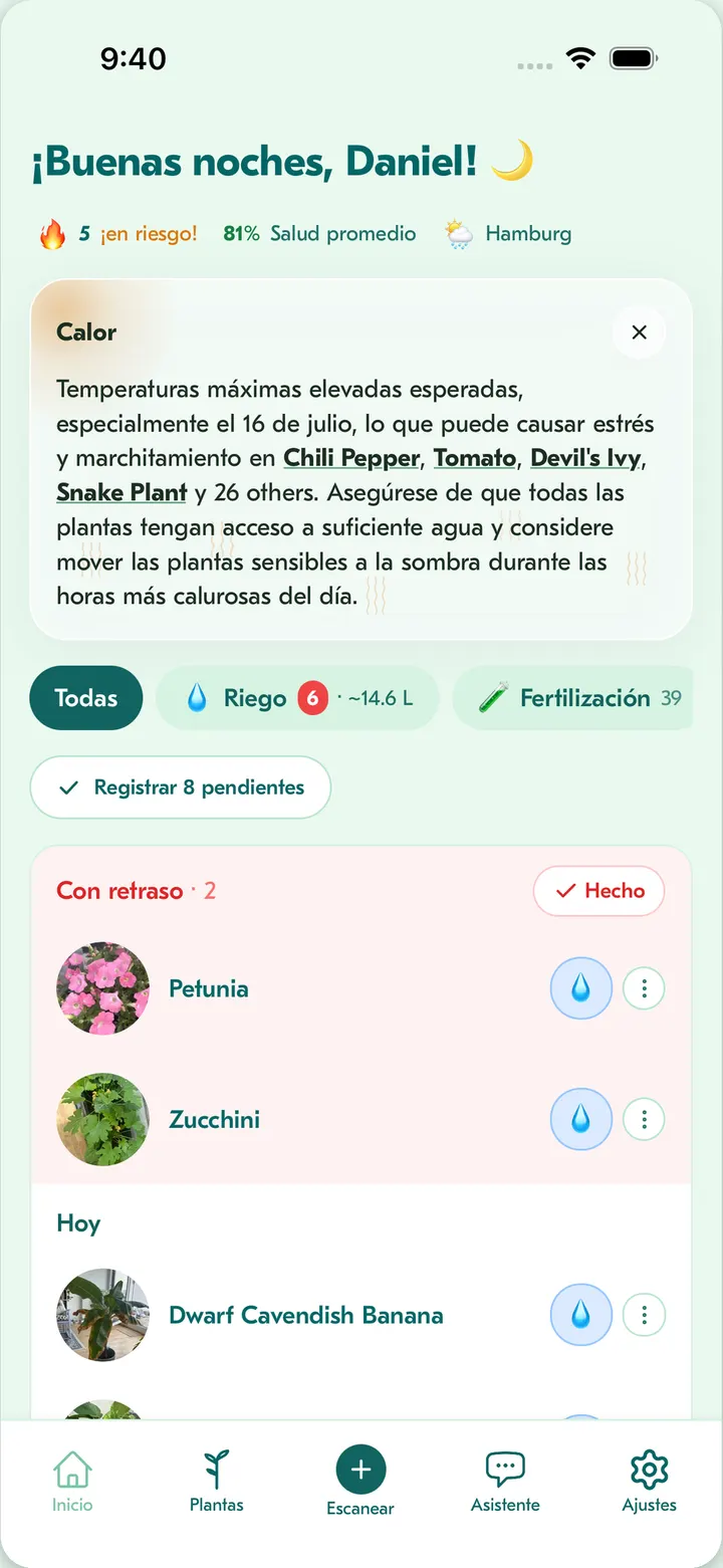 Pantalla principal de Flora: tareas de cuidado pendientes hoy con consejos de riego inteligentes según el clima