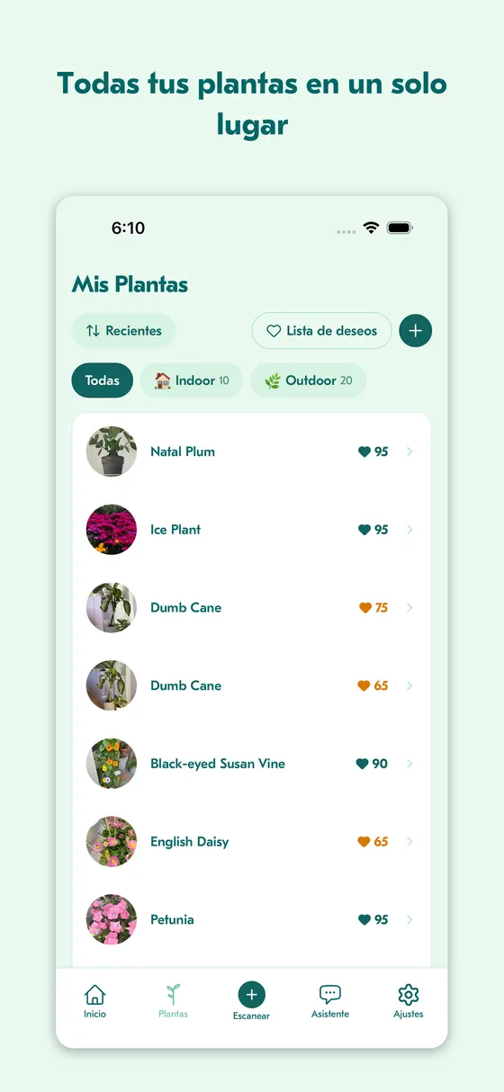 Pantalla de lista de plantas mostrando la colección del hogar