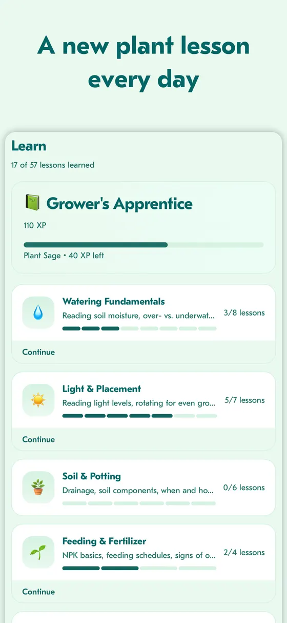 Plant School lesson catalog screen