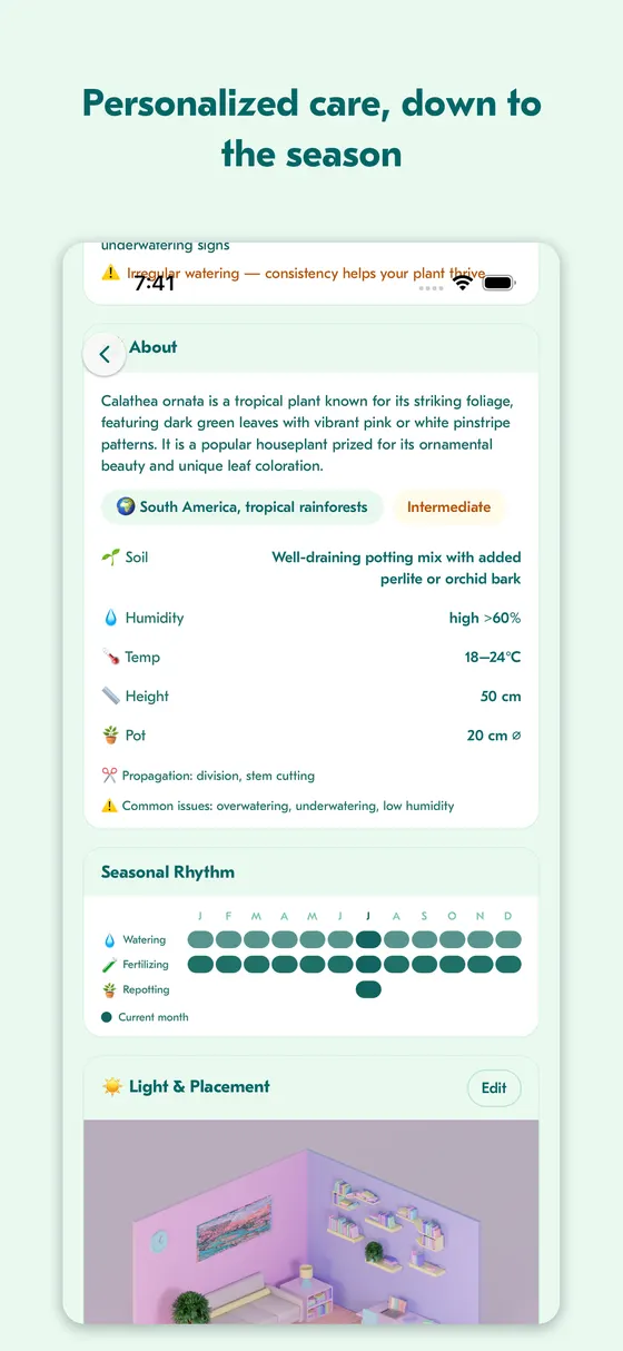 Care schedule screen with seasonal water level adjustments