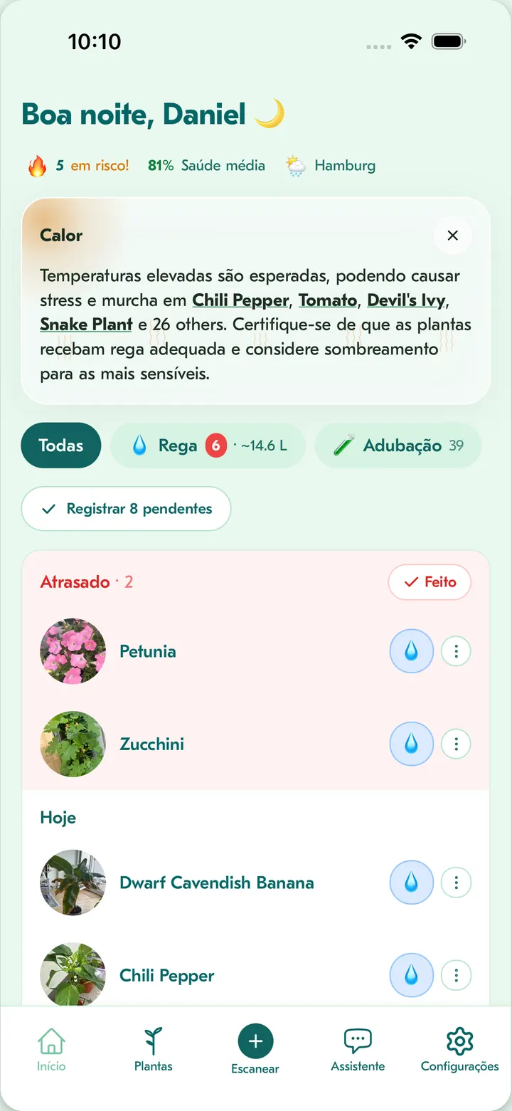 Ecrã inicial da Flora: tarefas de cuidado para hoje com sugestões de rega inteligentes segundo o clima