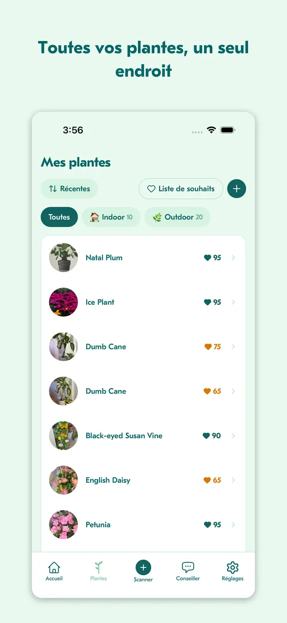 Écran de liste des plantes montrant la collection du foyer