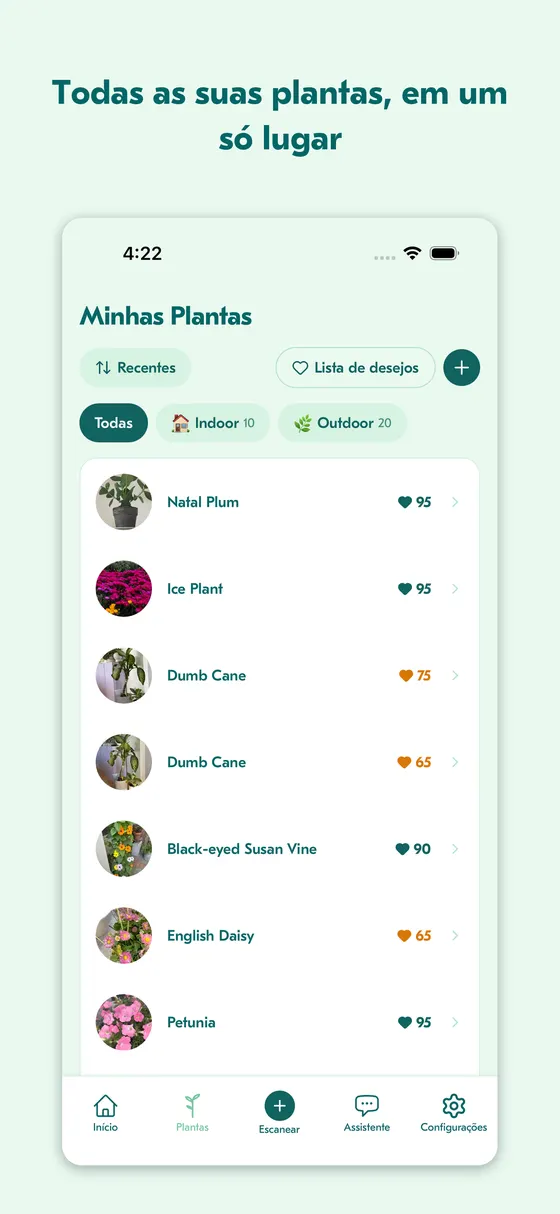Ecrã de lista de plantas a mostrar a coleção do lar
