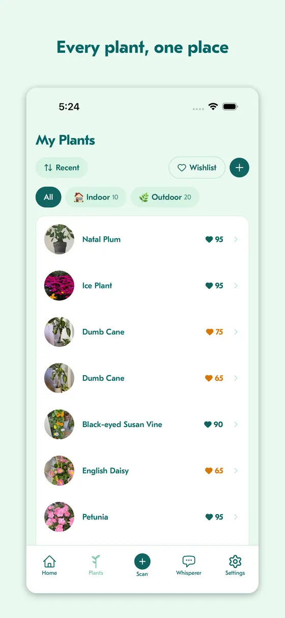Plants list screen showing the household collection