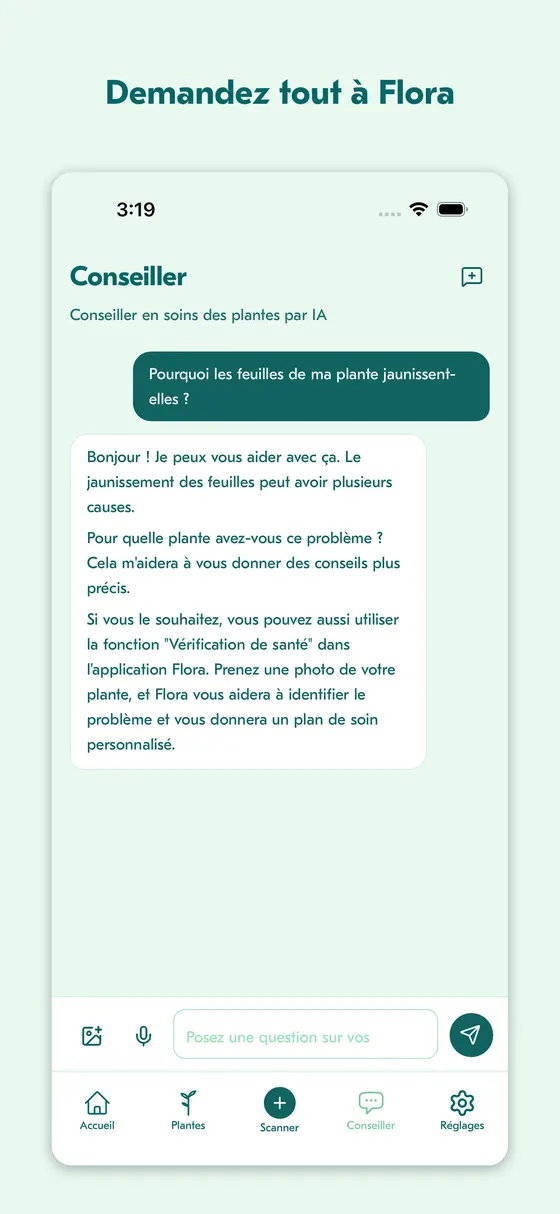 Chat Plant Whisperer répondant à pourquoi les feuilles jaunissent